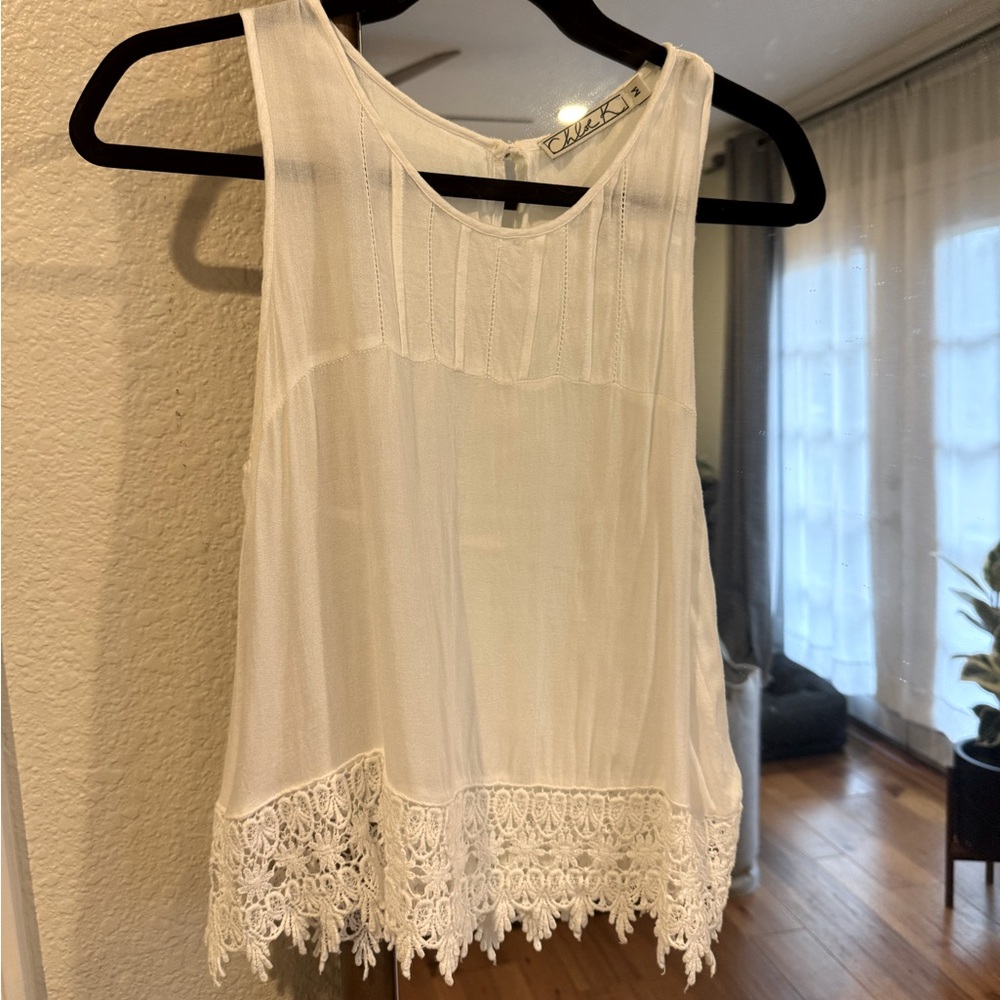 Chloe K White Flowy Tank Top with Lace Detail Bottom